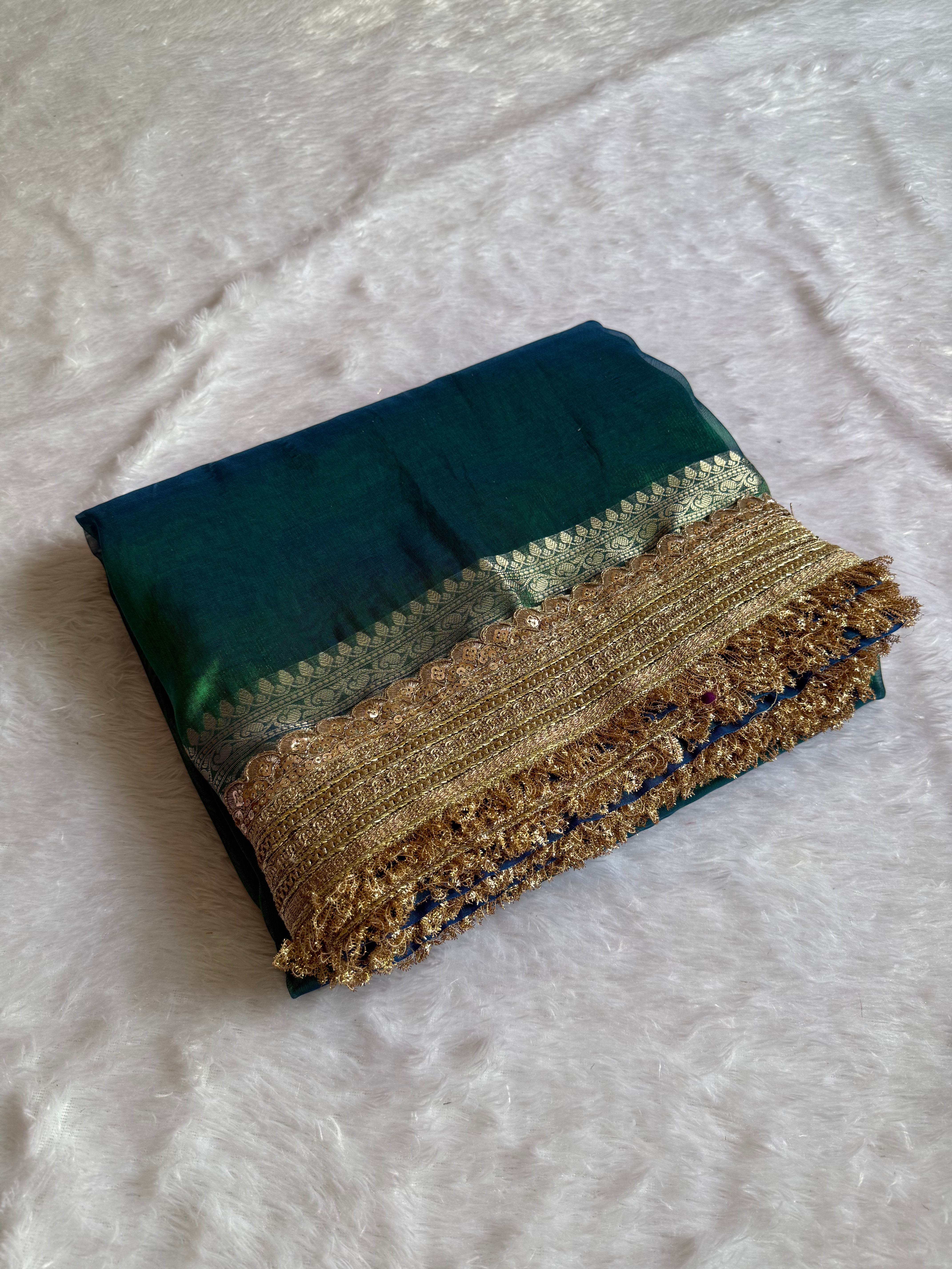 Luxuriant Wedding Wear Banarasi Soft Tissue Silk Jacquard n Lace Work Designer Saree For Occasion