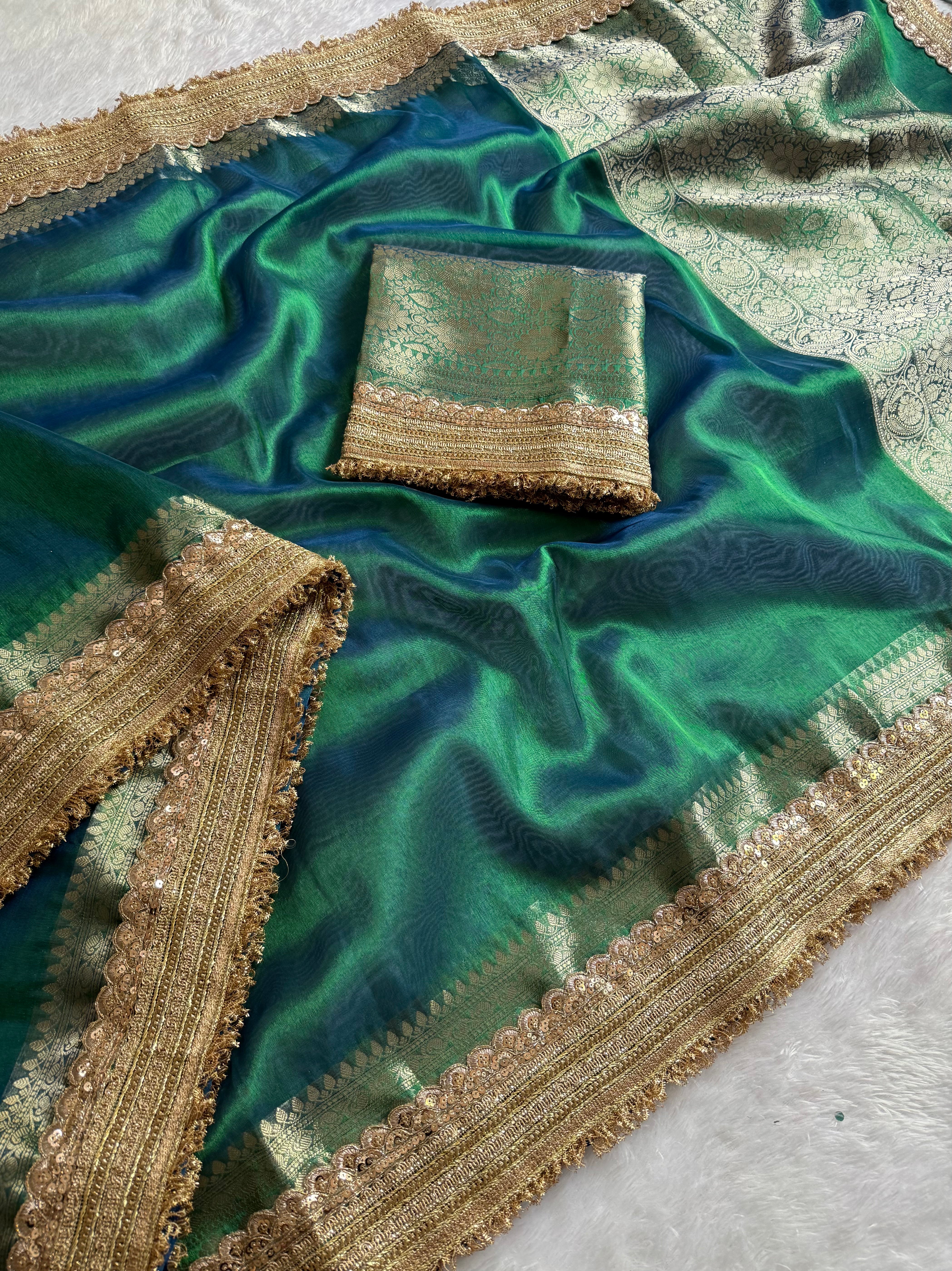 Luxuriant Wedding Wear Banarasi Soft Tissue Silk Jacquard n Lace Work Designer Saree For Occasion