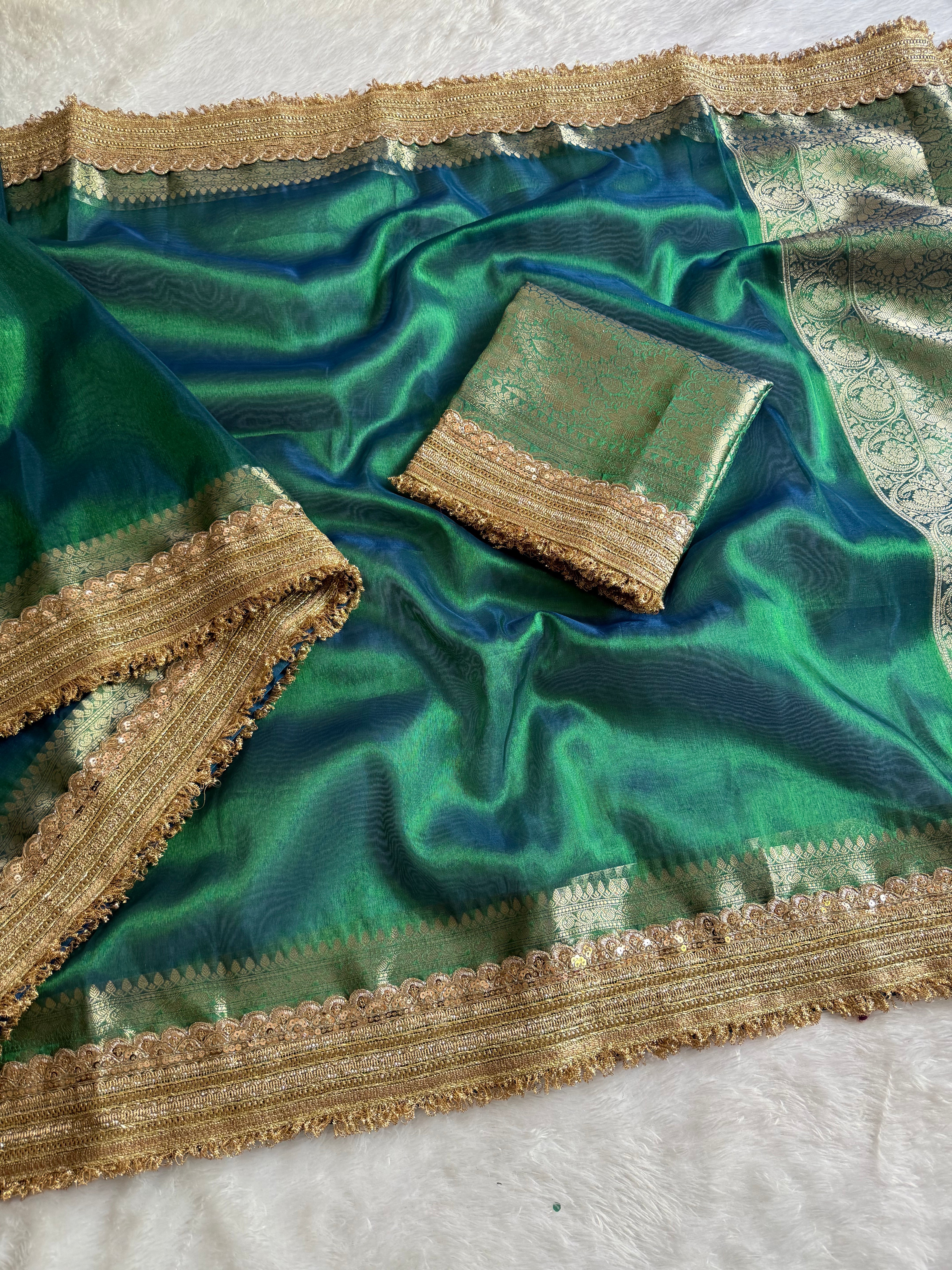 Luxuriant Wedding Wear Banarasi Soft Tissue Silk Jacquard n Lace Work Designer Saree For Occasion