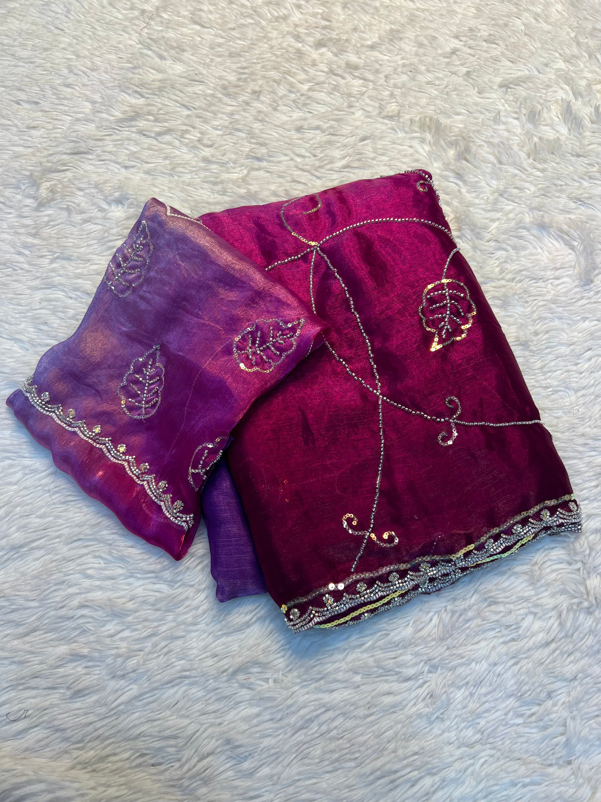 Graceful Party Wear Double Shaded Silk Handwork Fancy Designer Saree With Elegant Blouse Piece