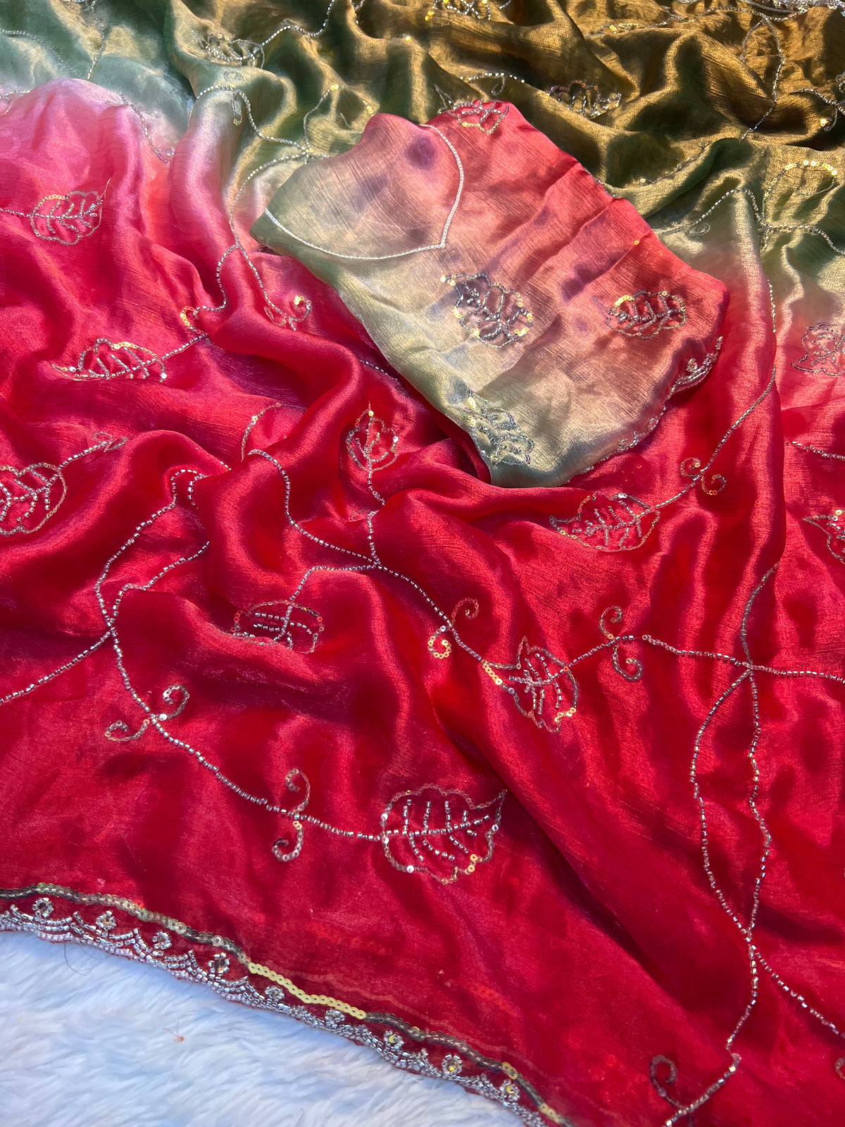 Graceful Party Wear Double Shaded Silk Handwork Fancy Designer Saree With Elegant Blouse Piece