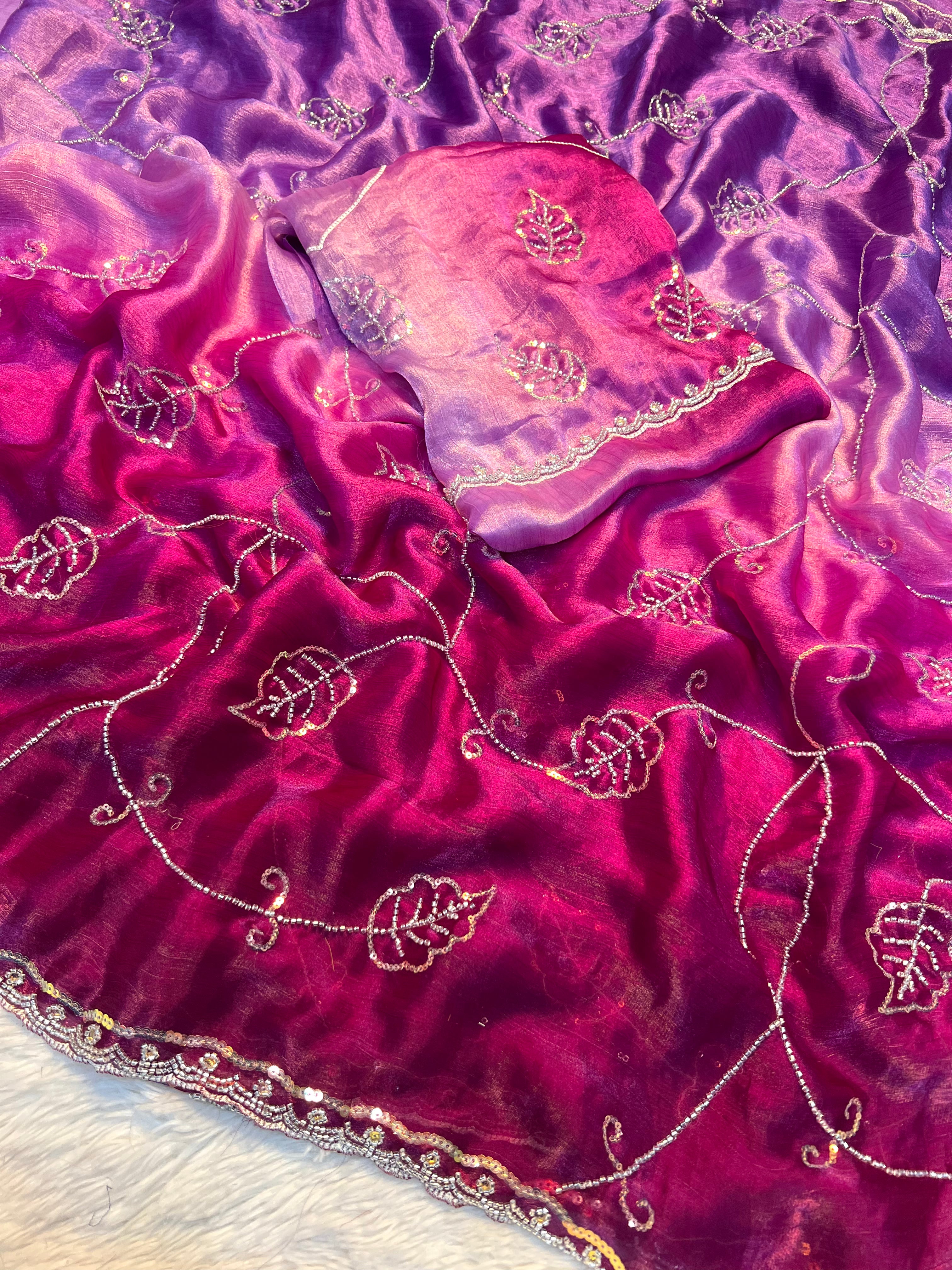 Graceful Party Wear Double Shaded Silk Handwork Fancy Designer Saree With Elegant Blouse Piece
