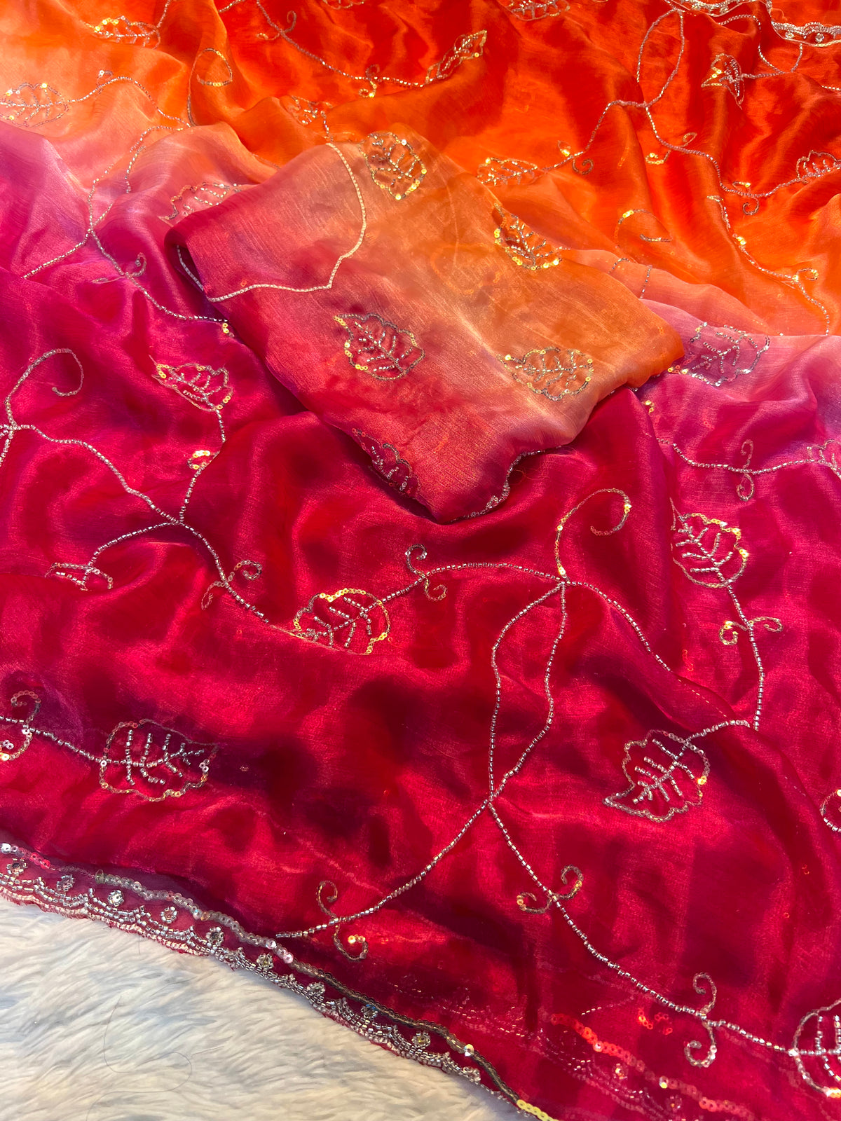 Graceful Party Wear Double Shaded Silk Handwork Fancy Designer Saree With Elegant Blouse Piece