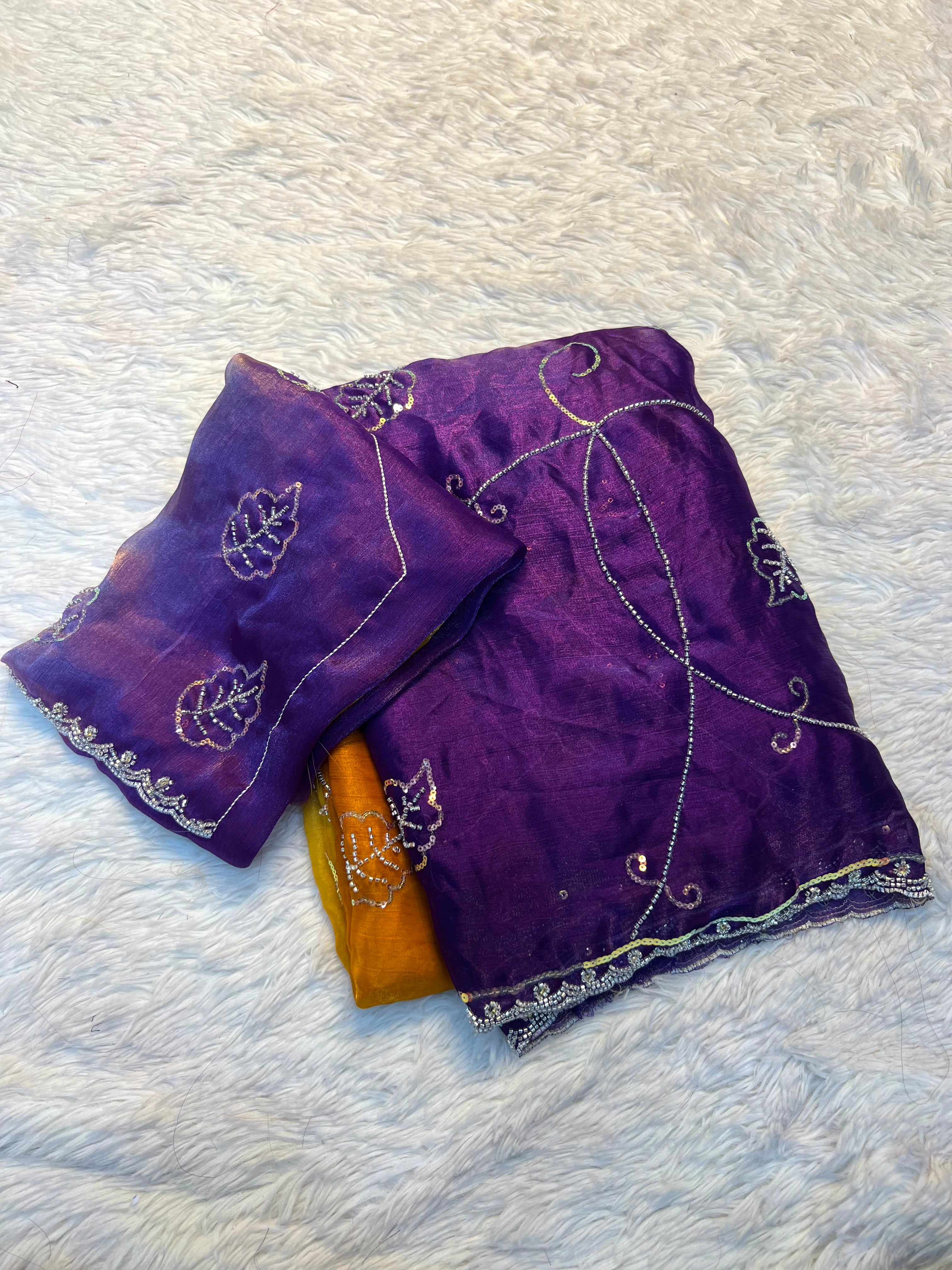 Graceful Party Wear Double Shaded Silk Handwork Fancy Designer Saree With Elegant Blouse Piece