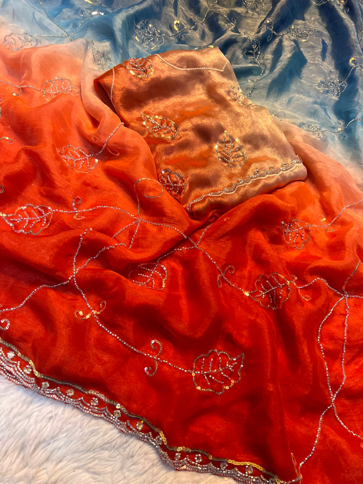 Graceful Party Wear Double Shaded Silk Handwork Fancy Designer Saree With Elegant Blouse Piece