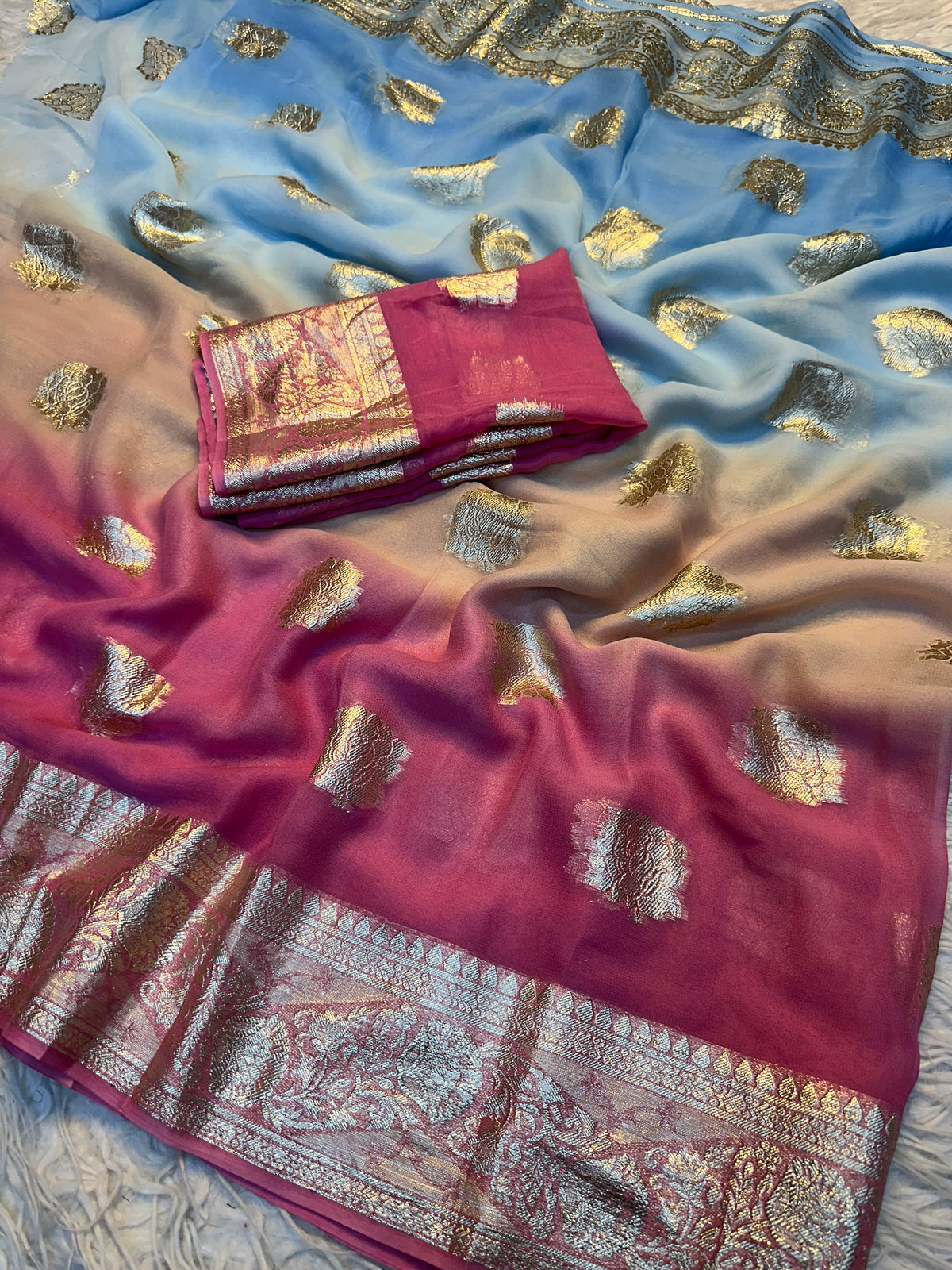 Gratifying Party Wear Pure Viscose Georgette Zari Weaving Border Fancy Saree With Blouse
