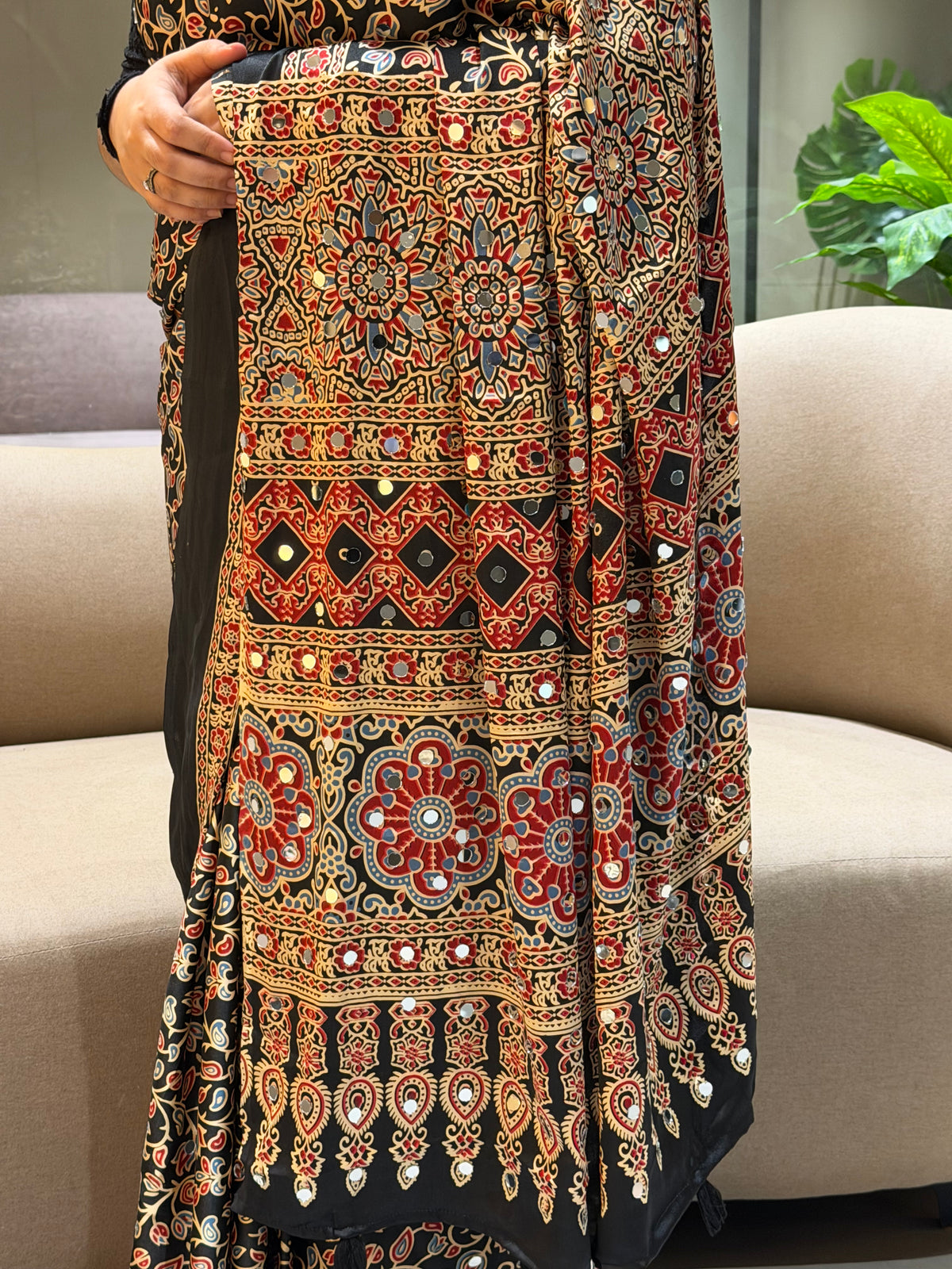 Adorning Function Wear Satin Silk Ajrak Printed Rich Pallu n Mirror Work Designer Saree With Blouse Piece
