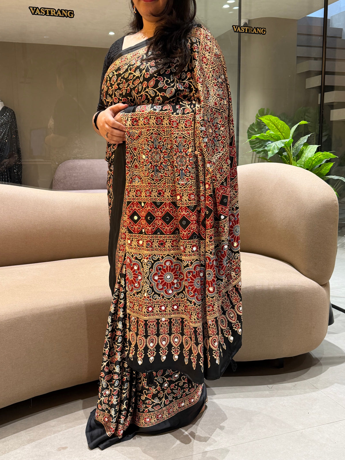 Adorning Function Wear Satin Silk Ajrak Printed Rich Pallu n Mirror Work Designer Saree With Blouse Piece