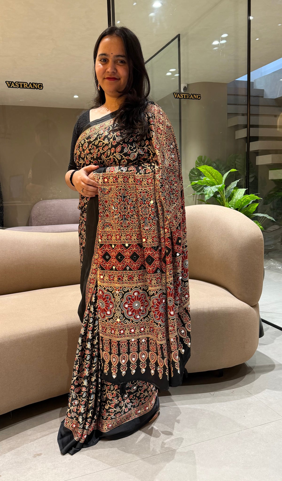 Adorning Function Wear Satin Silk Ajrak Printed Rich Pallu n Mirror Work Designer Saree With Blouse Piece