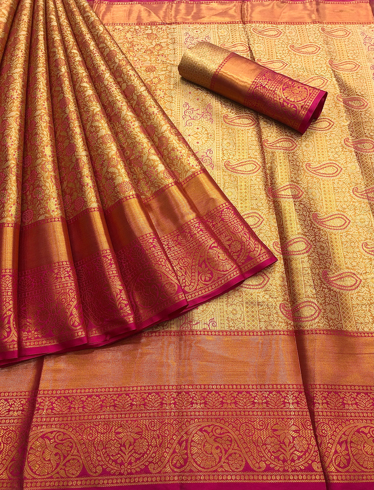 New Wedding Wear Pink Color Kanjiviram Silk Pure Zari Weaving with Beautiful Meena Weaving Saree With Blouse