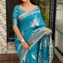 Load image into Gallery viewer, Classic Party Wear Muslin Cotton Zari Jacquard Border With Sequence Weaving Pearl lace in Saree Design
