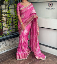 Load image into Gallery viewer, Classic Party Wear Muslin Cotton Zari Jacquard Border With Sequence Weaving Pearl lace in Saree Design
