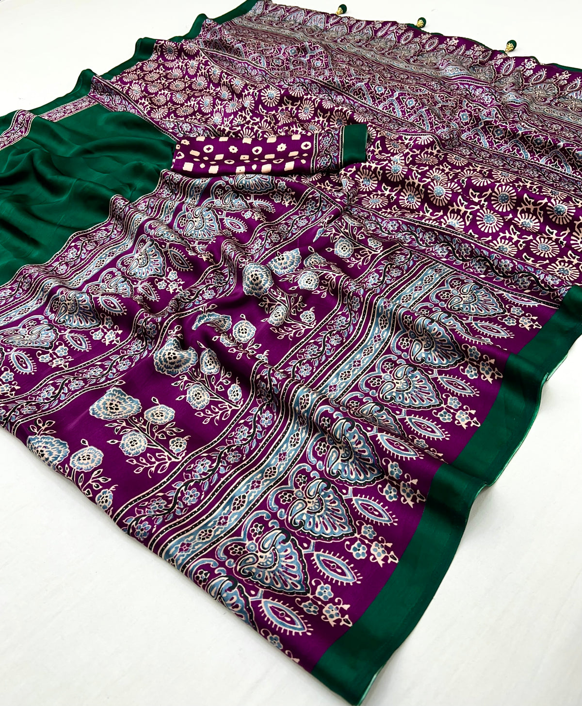 Desiring Festive Wear Satin Silk Ajrak Print Rich Pallu Fancy Saree With Unstitched Blouse Piece