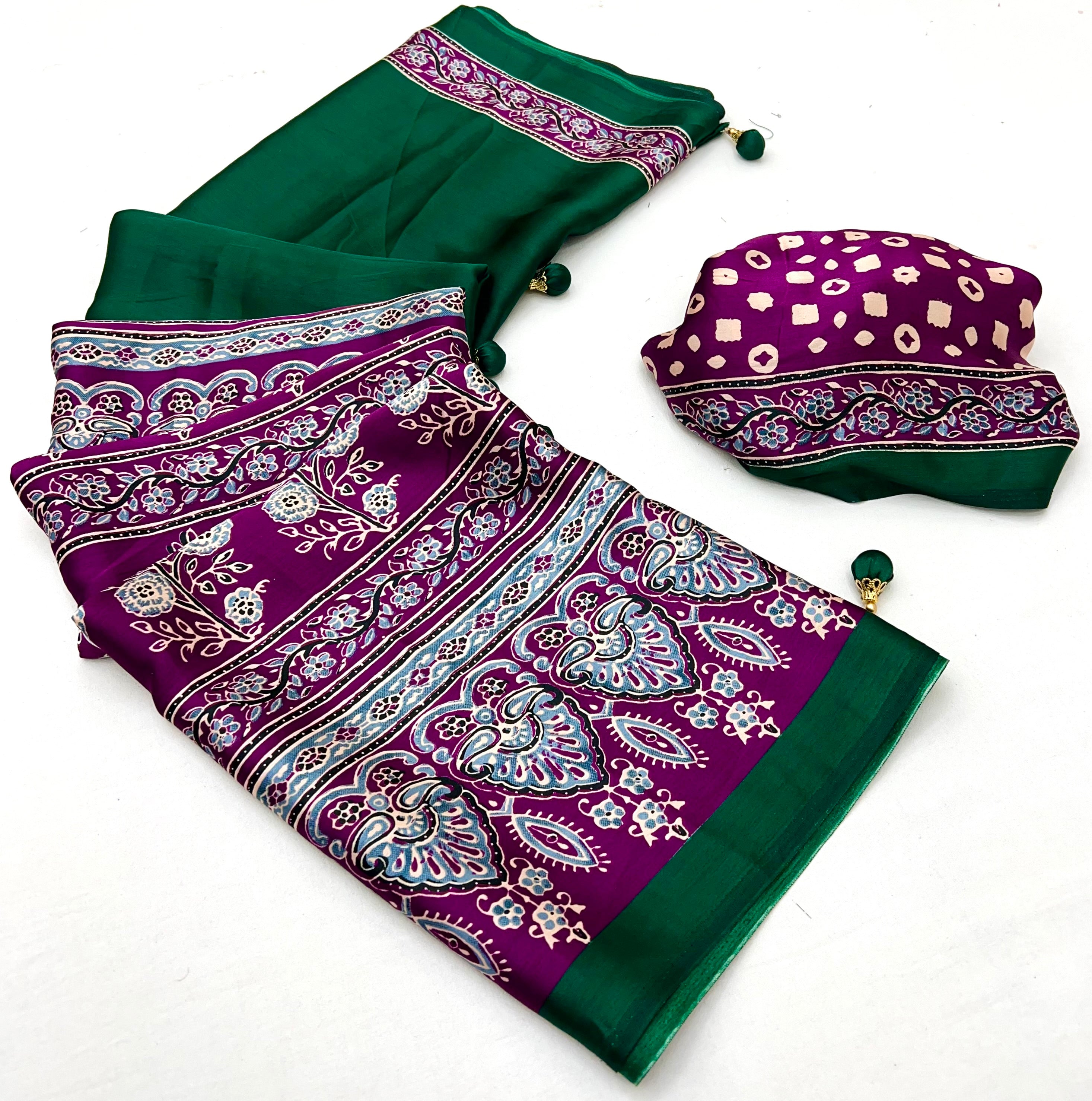Desiring Festive Wear Satin Silk Ajrak Print Rich Pallu Fancy Saree With Unstitched Blouse Piece