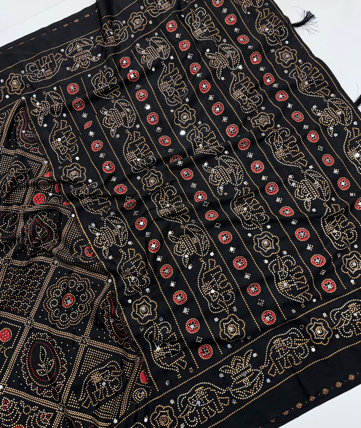Traditional Festive Wear Silk Bandhani Print Mirror Work Fancy Designer Saree With Blouse Piece