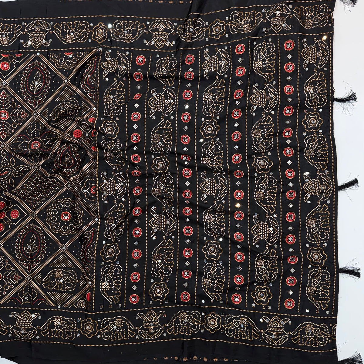 Traditional Festive Wear Silk Bandhani Print Mirror Work Fancy Designer Saree With Blouse Piece