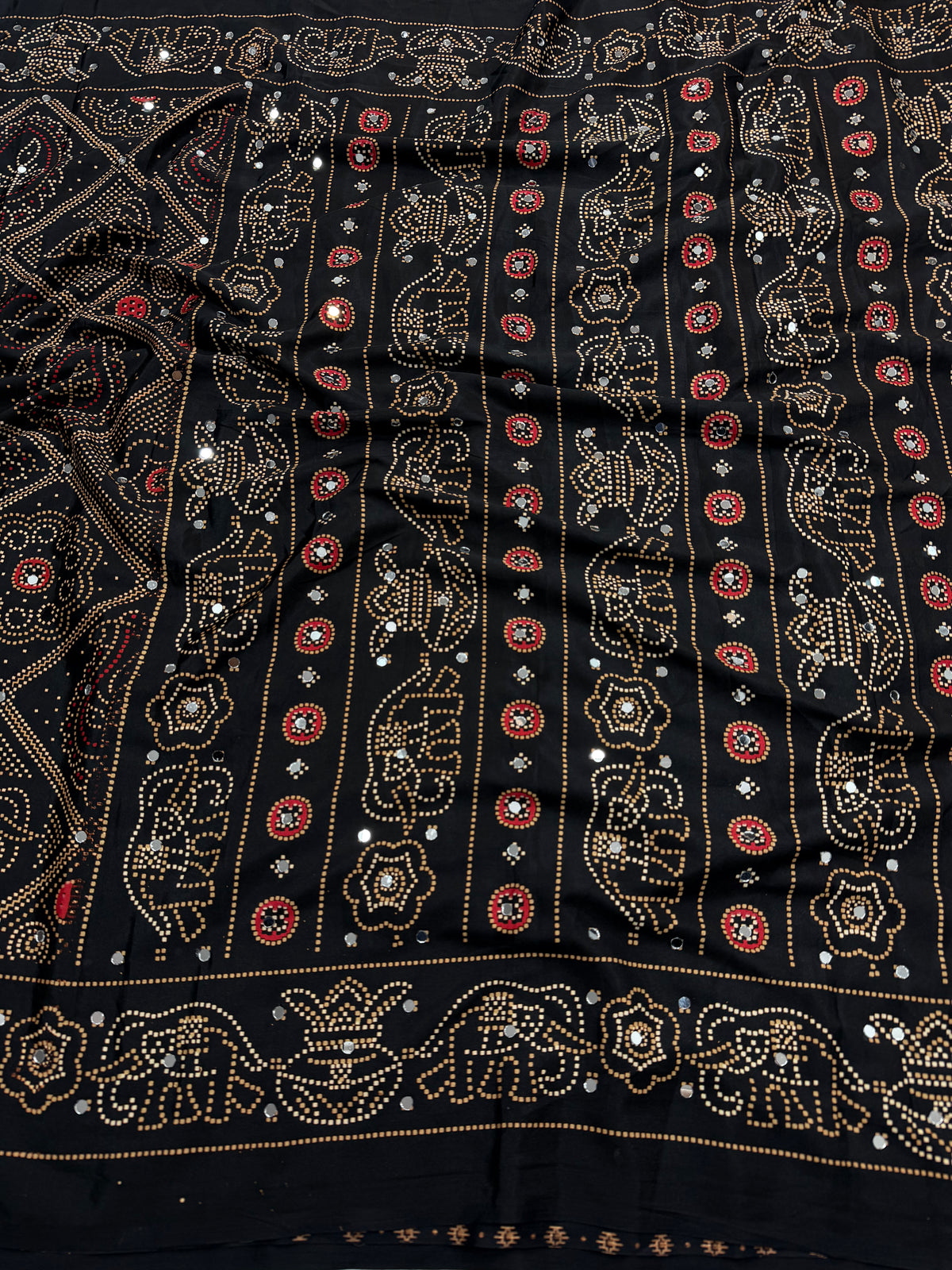 Traditional Festive Wear Silk Bandhani Print Mirror Work Fancy Designer Saree With Blouse Piece