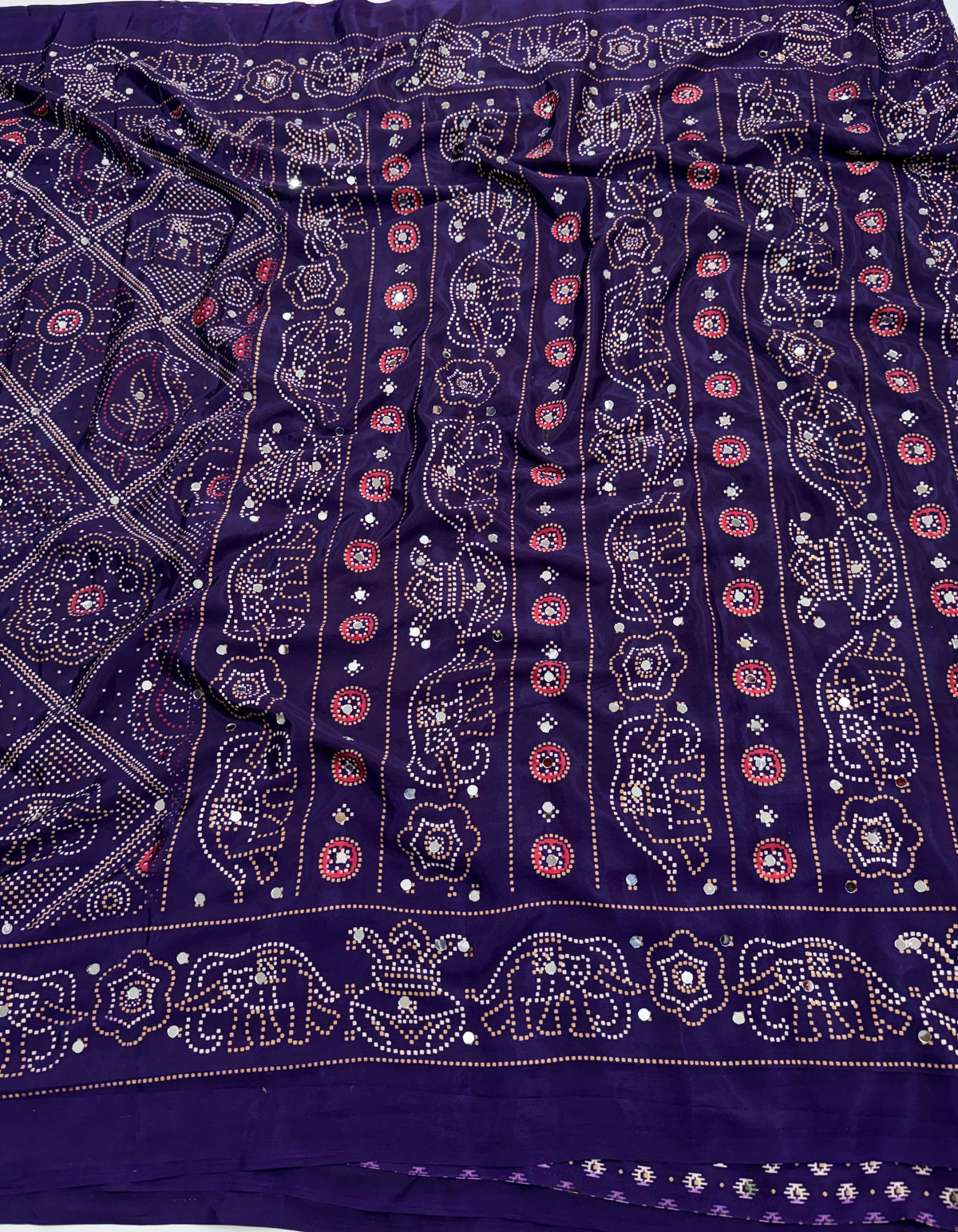 Traditional Festive Wear Silk Bandhani Print Mirror Work Fancy Designer Saree With Blouse Piece