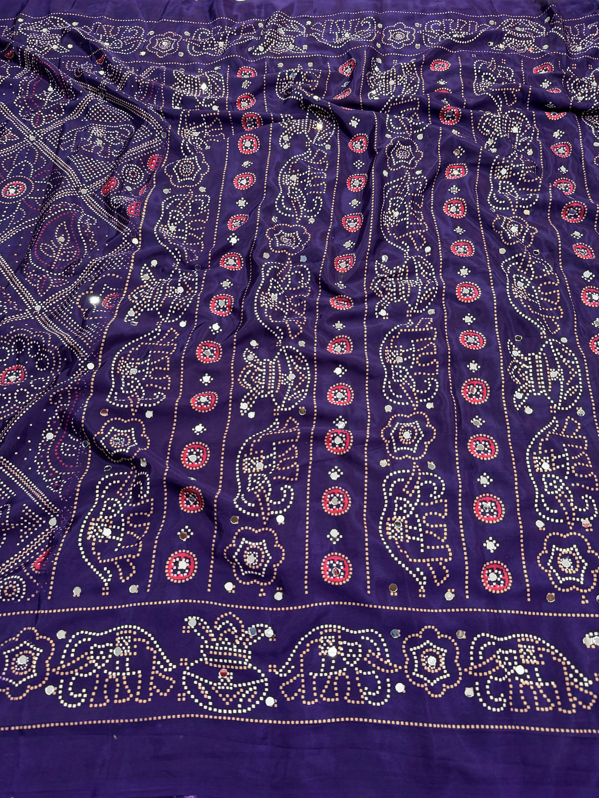 Traditional Festive Wear Silk Bandhani Print Mirror Work Fancy Designer Saree With Blouse Piece