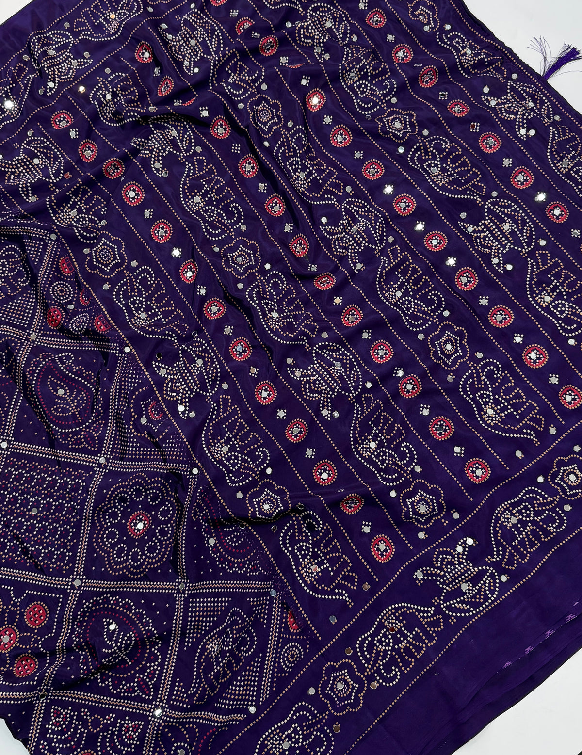Traditional Festive Wear Silk Bandhani Print Mirror Work Fancy Designer Saree With Blouse Piece