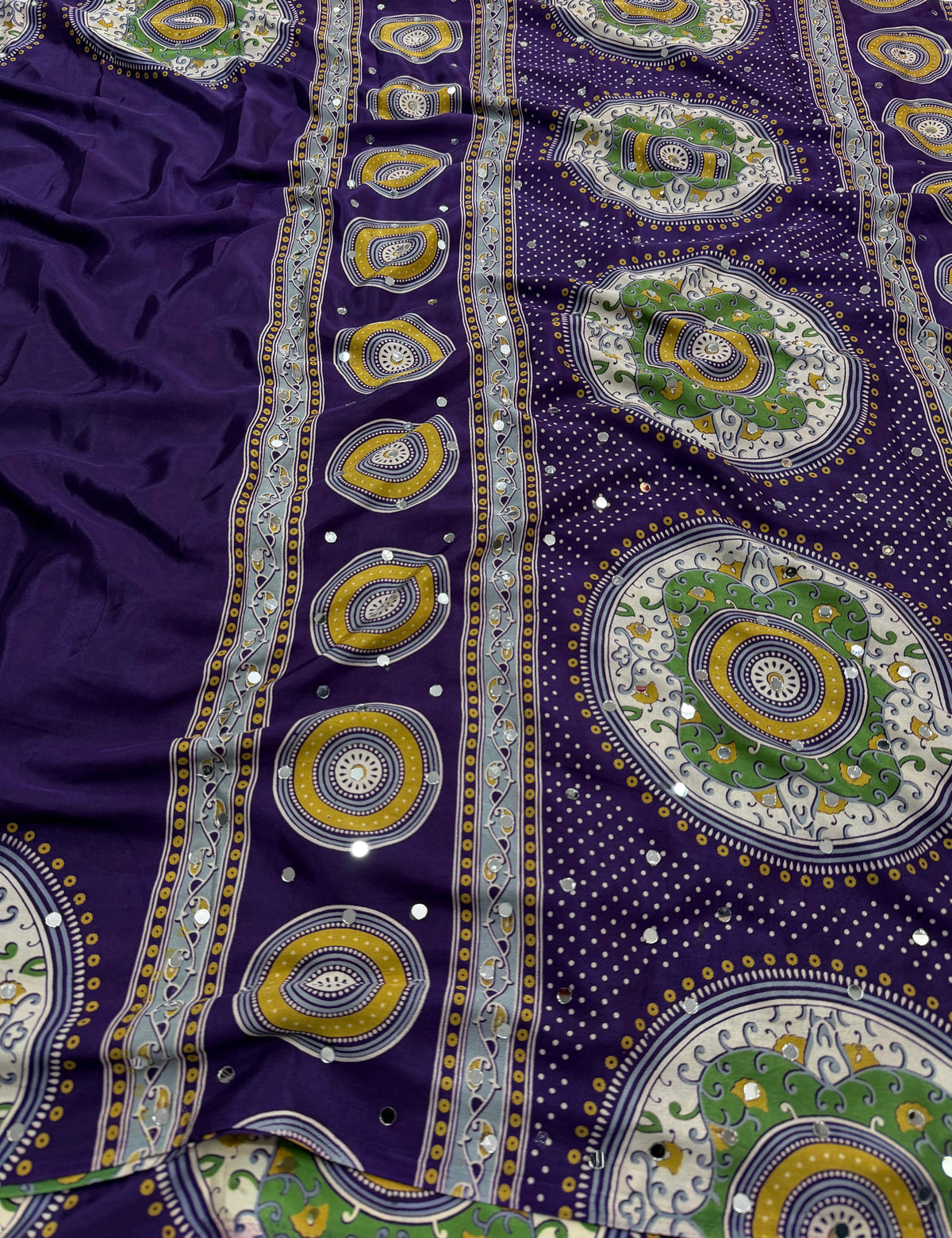 Marvellous Festive Wear Satin Silk Print Design Mirror Work Rich Pallu Designer Saree With Blouse Piece