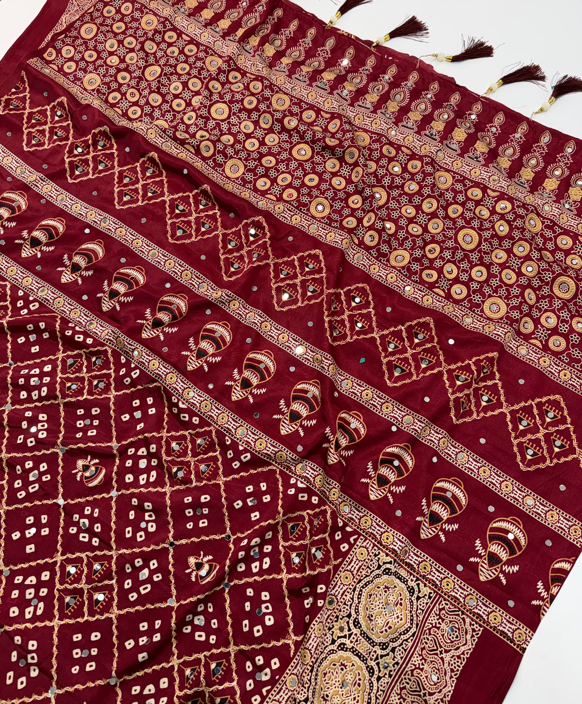 Glamorous Party Wear Silk Bandhani Print Mirror Work Rich Pallu Fancy Saree With Blouse Piece