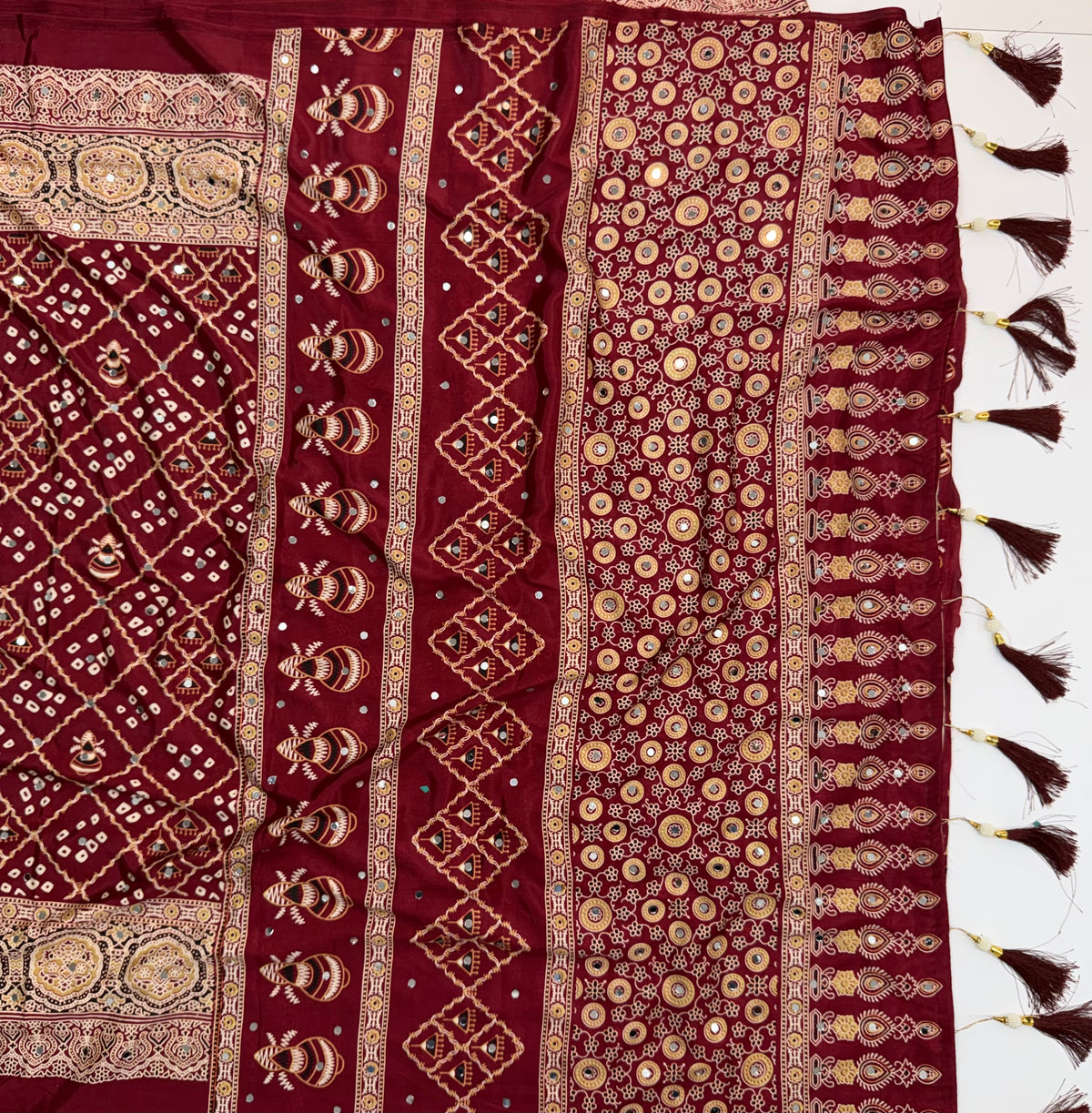 Glamorous Party Wear Silk Bandhani Print Mirror Work Rich Pallu Fancy Saree With Blouse Piece