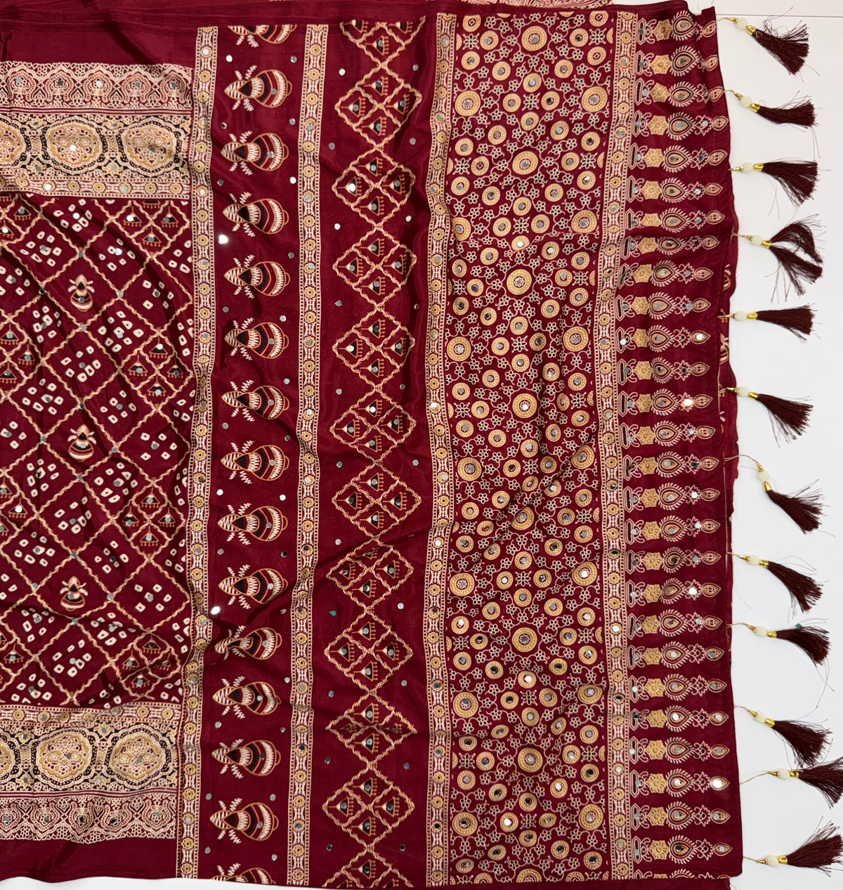 Glamorous Party Wear Silk Bandhani Print Mirror Work Rich Pallu Fancy Saree With Blouse Piece