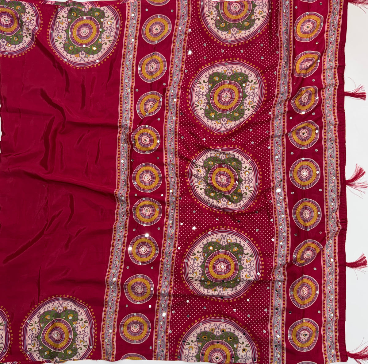 Marvellous Festive Wear Satin Silk Print Design Mirror Work Rich Pallu Designer Saree With Blouse Piece
