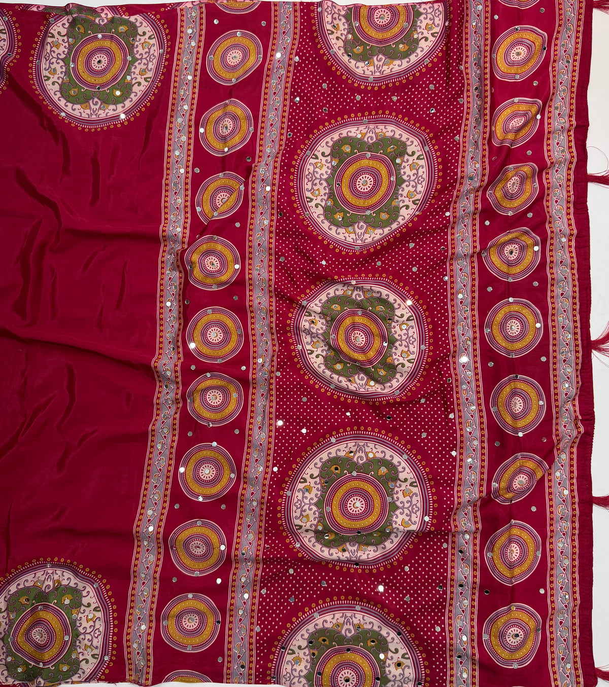 Marvellous Festive Wear Satin Silk Print Design Mirror Work Rich Pallu Designer Saree With Blouse Piece