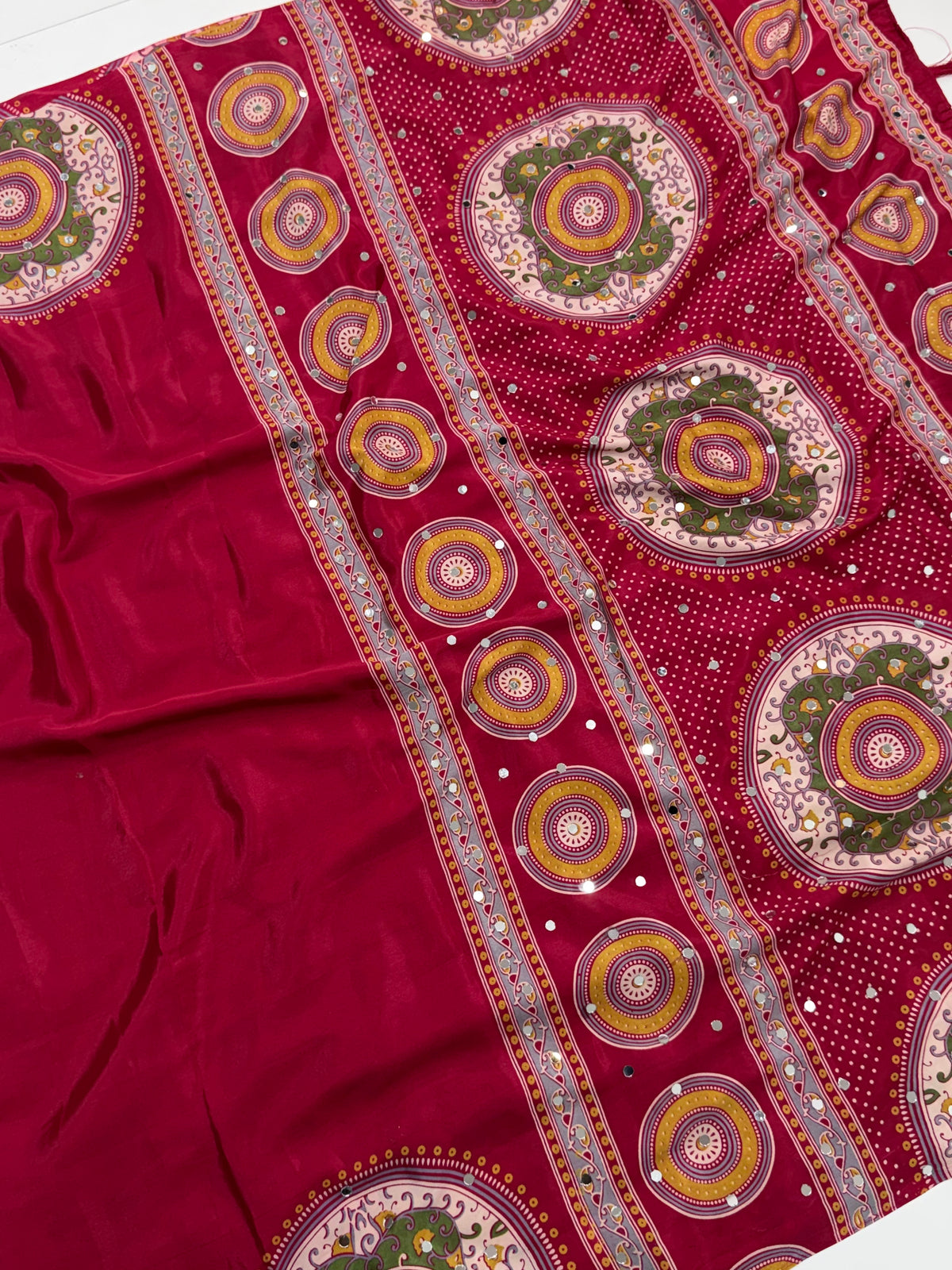 Marvellous Festive Wear Satin Silk Print Design Mirror Work Rich Pallu Designer Saree With Blouse Piece