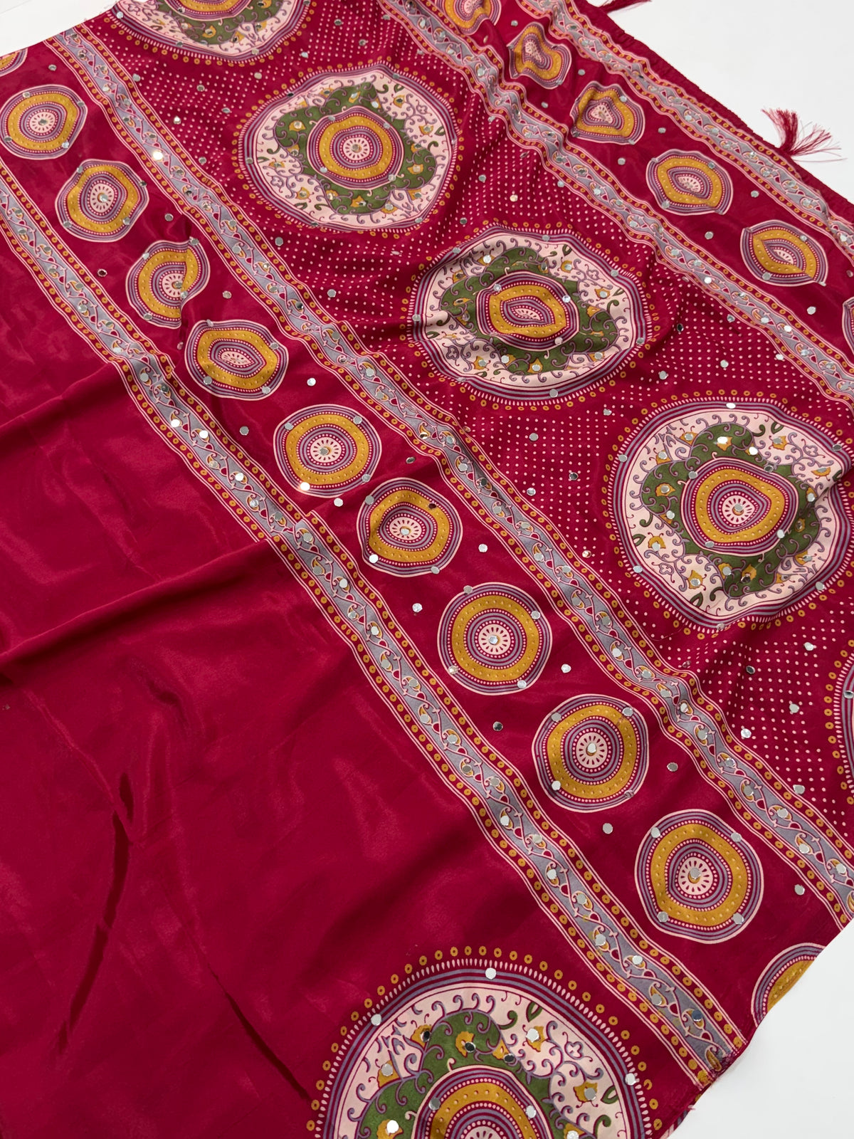 Marvellous Festive Wear Satin Silk Print Design Mirror Work Rich Pallu Designer Saree With Blouse Piece