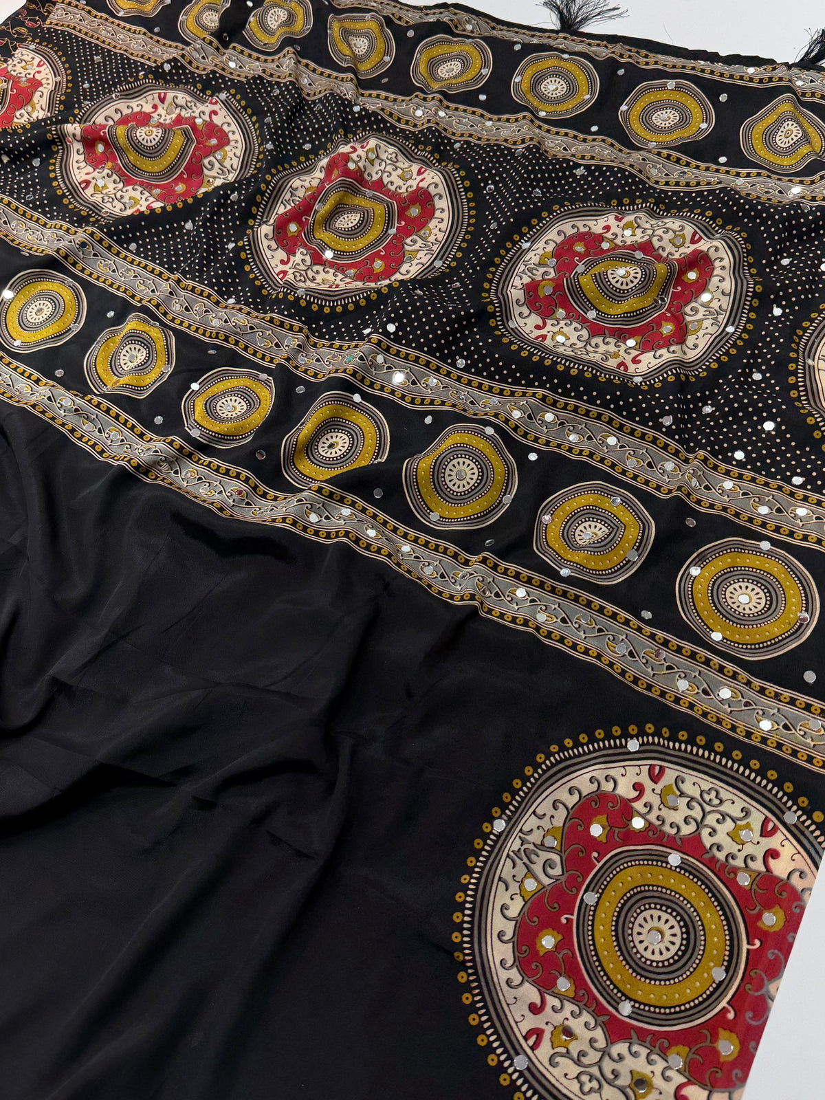 Marvellous Festive Wear Satin Silk Print Design Mirror Work Rich Pallu Designer Saree With Blouse Piece