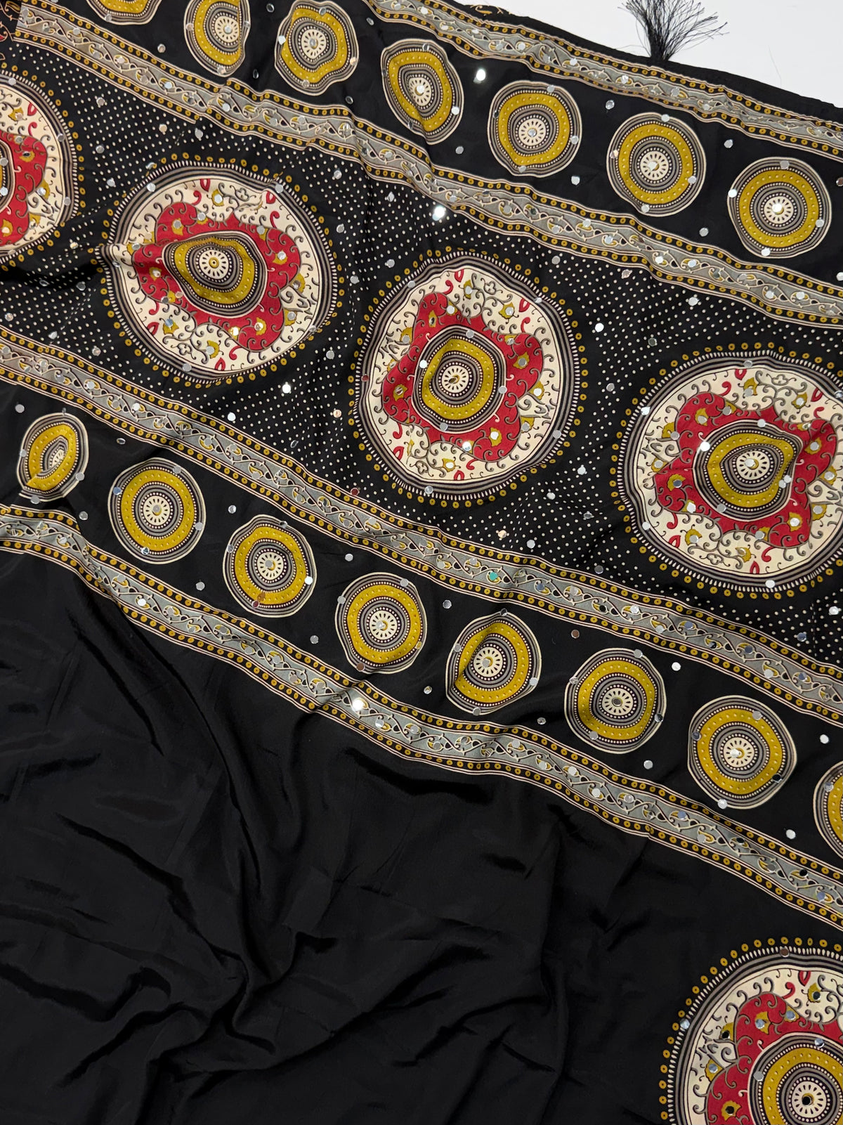 Marvellous Festive Wear Satin Silk Print Design Mirror Work Rich Pallu Designer Saree With Blouse Piece