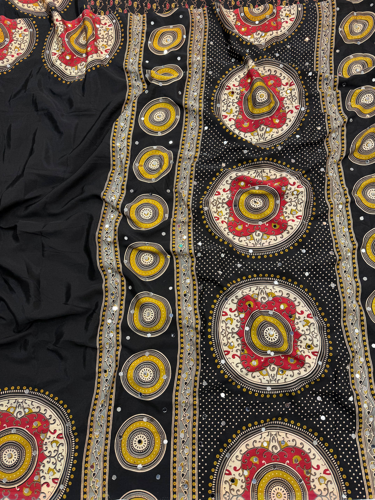Marvellous Festive Wear Satin Silk Print Design Mirror Work Rich Pallu Designer Saree With Blouse Piece