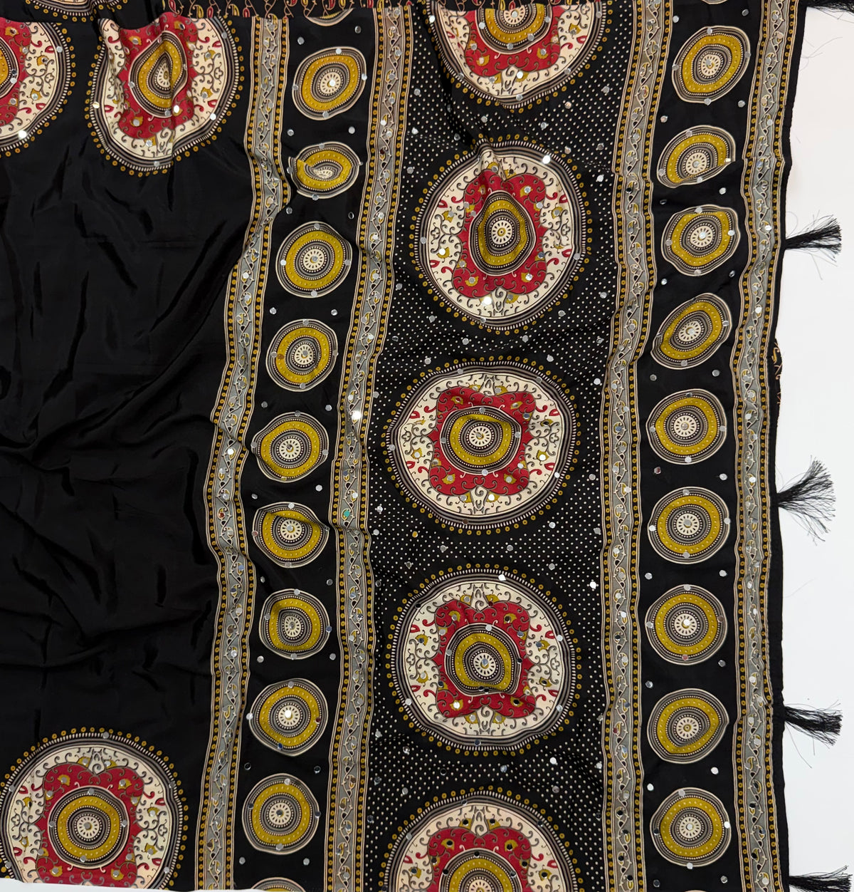Marvellous Festive Wear Satin Silk Print Design Mirror Work Rich Pallu Designer Saree With Blouse Piece