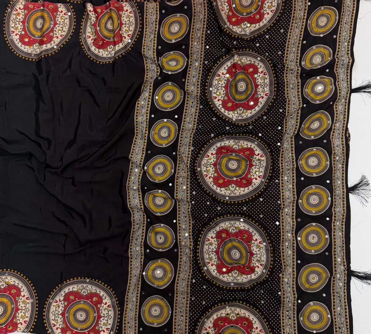 Marvellous Festive Wear Satin Silk Print Design Mirror Work Rich Pallu Designer Saree With Blouse Piece