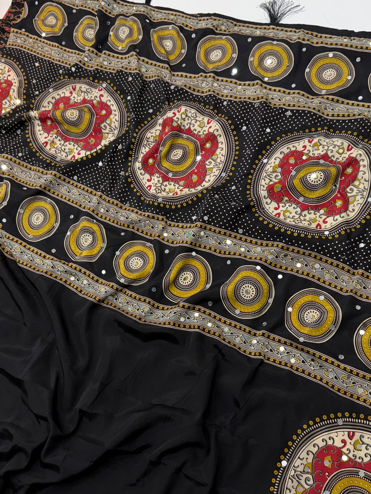 Marvellous Festive Wear Satin Silk Print Design Mirror Work Rich Pallu Designer Saree With Blouse Piece
