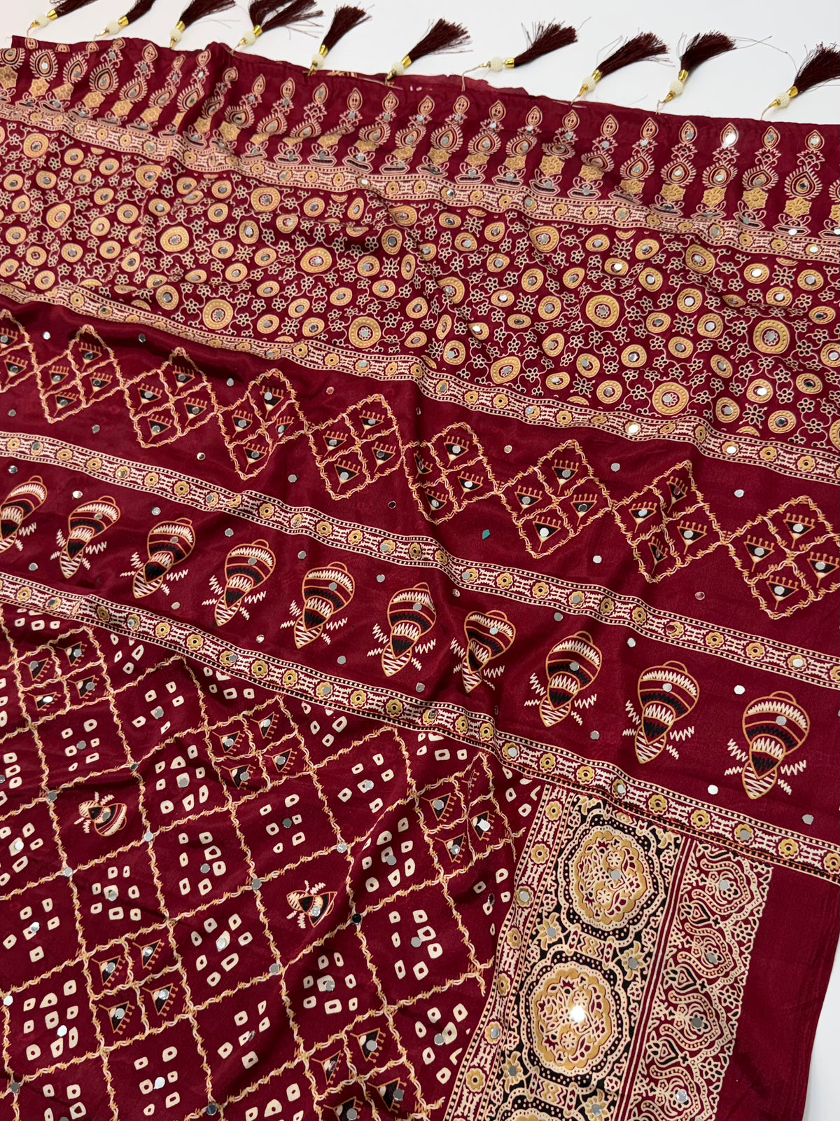 Glamorous Party Wear Silk Bandhani Print Mirror Work Rich Pallu Fancy Saree With Blouse Piece