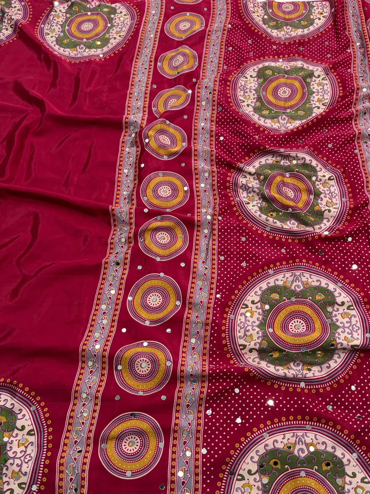 Marvellous Festive Wear Satin Silk Print Design Mirror Work Rich Pallu Designer Saree With Blouse Piece