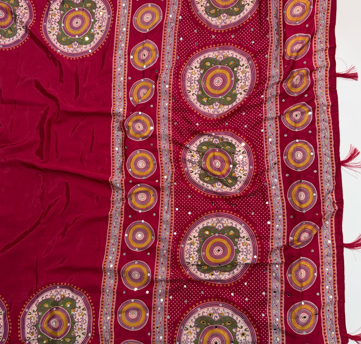 Marvellous Festive Wear Satin Silk Print Design Mirror Work Rich Pallu Designer Saree With Blouse Piece