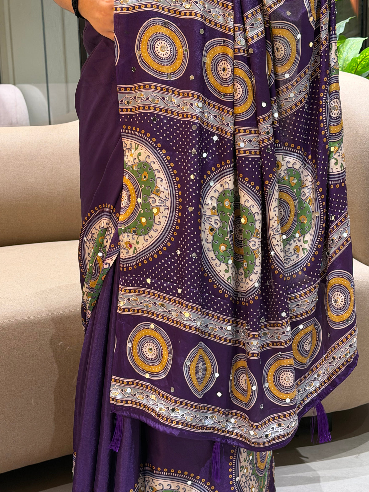 Marvellous Festive Wear Satin Silk Print Design Mirror Work Rich Pallu Designer Saree With Blouse Piece