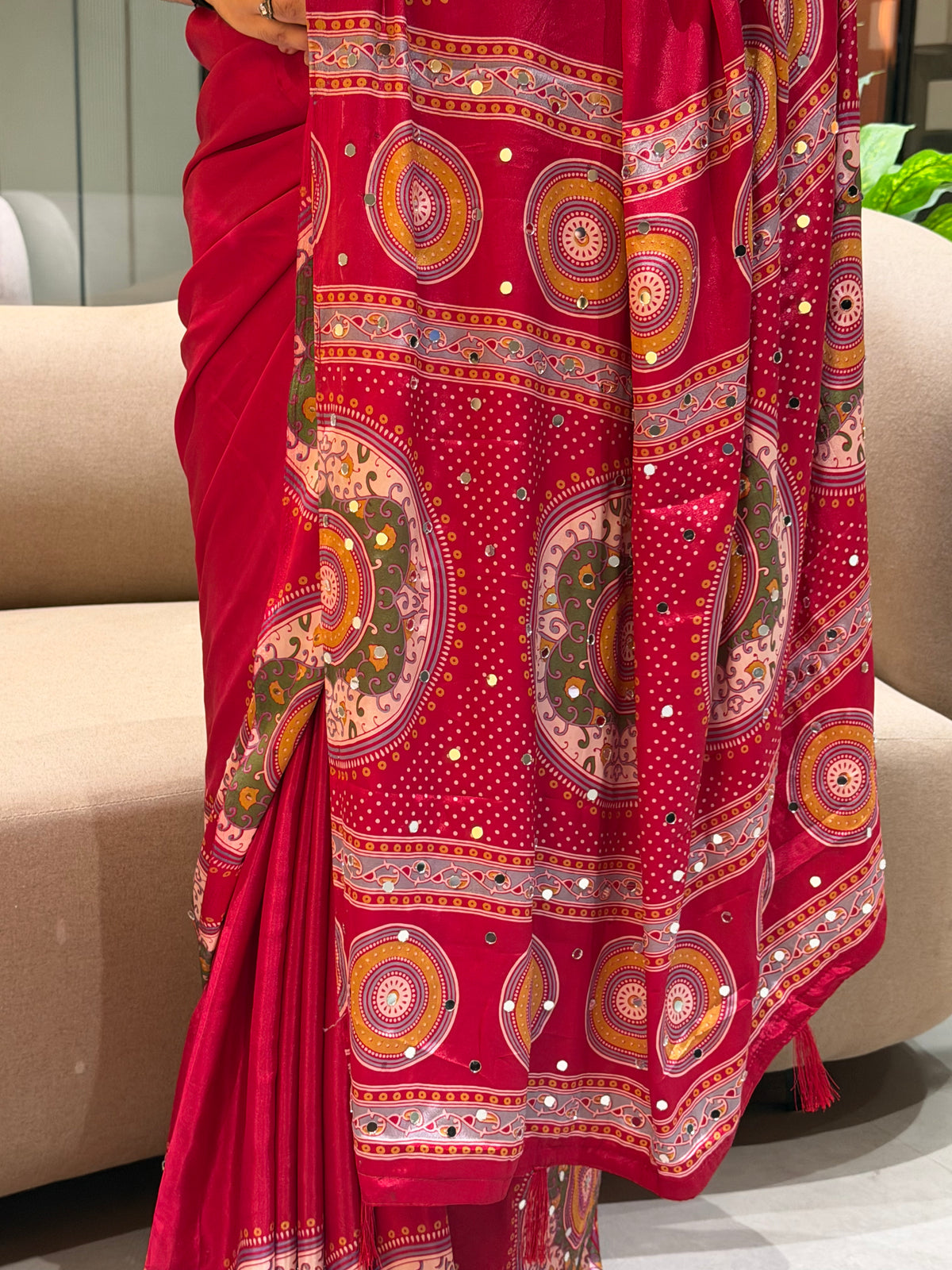Marvellous Festive Wear Satin Silk Print Design Mirror Work Rich Pallu Designer Saree With Blouse Piece
