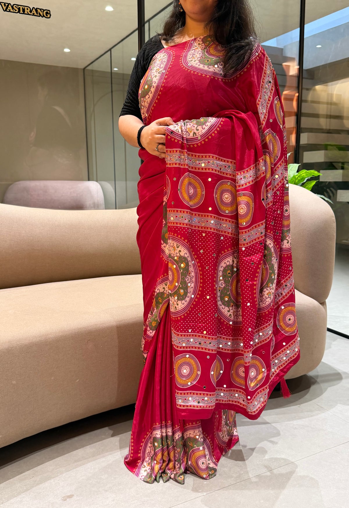 Marvellous Festive Wear Satin Silk Print Design Mirror Work Rich Pallu Designer Saree With Blouse Piece