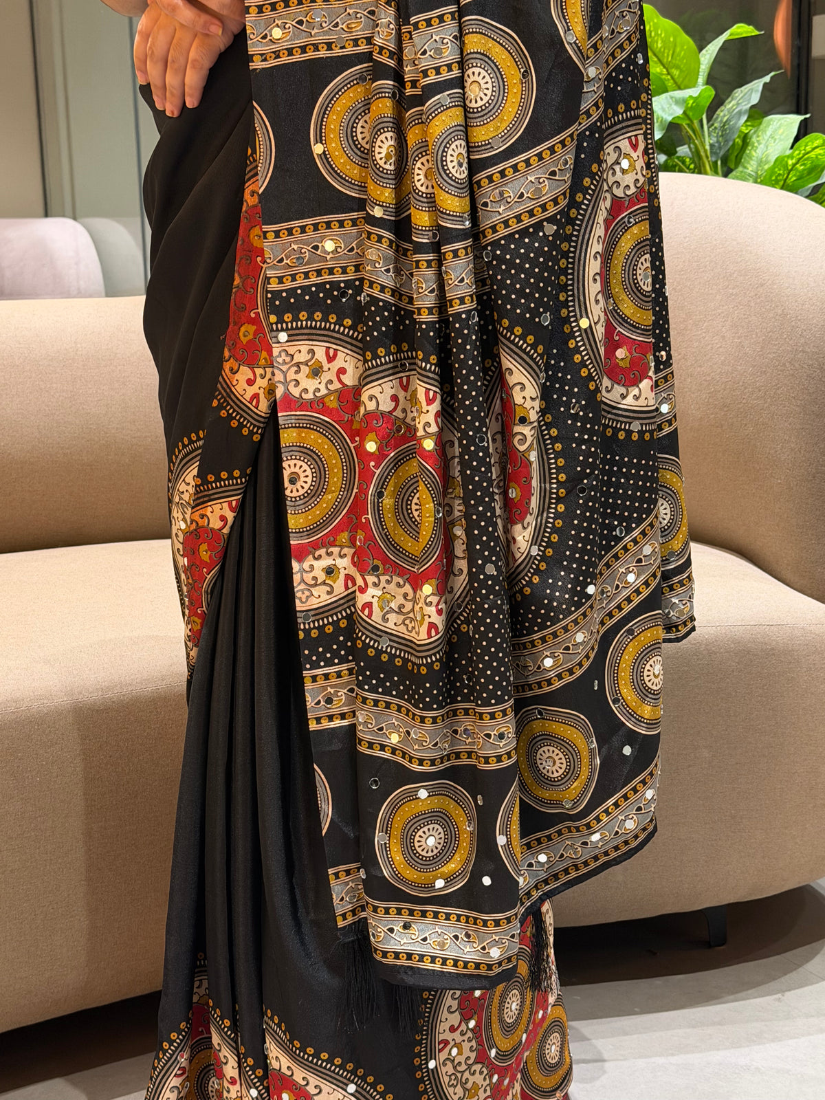 Marvellous Festive Wear Satin Silk Print Design Mirror Work Rich Pallu Designer Saree With Blouse Piece