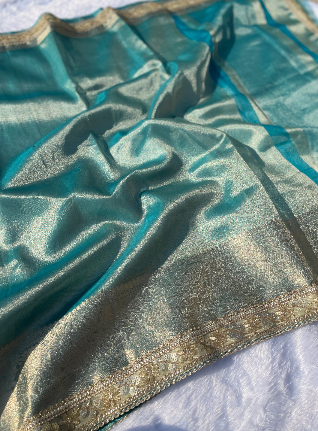 Latest Partywear Sea Green Color Banarasi Tissue Silk Jacquard n Lace Work Fancy Designer Saree