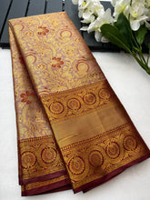 Load image into Gallery viewer, New Gold n Maroon Color Zari Jacquard Weaving Work Kanjivaram Silk Wedding Wear Saree
