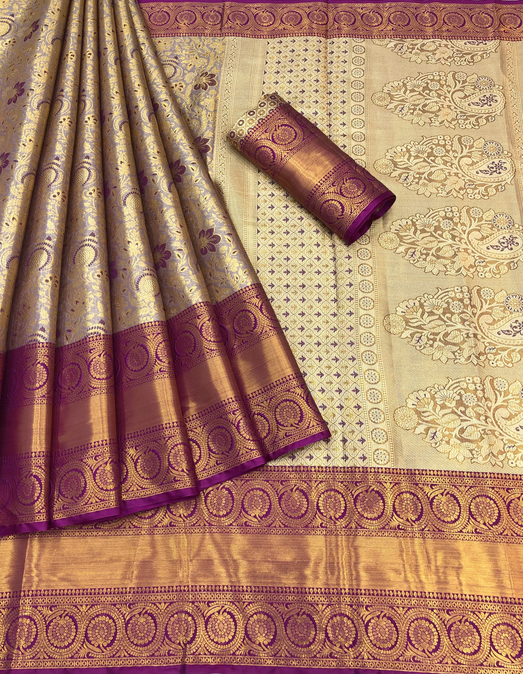 New Gold n Purple Color Zari Jacquard Weaving Work Kanjivaram Silk Wedding Wear Saree