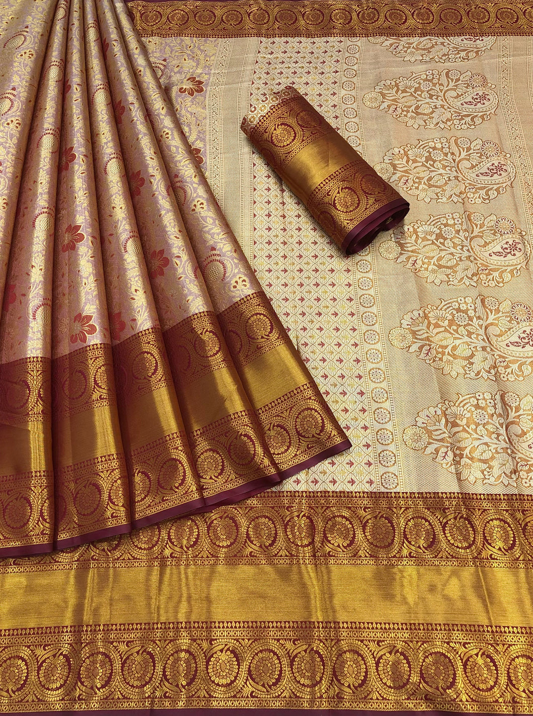 New Gold n Maroon Color Zari Jacquard Weaving Work Kanjivaram Silk Wedding Wear Saree
