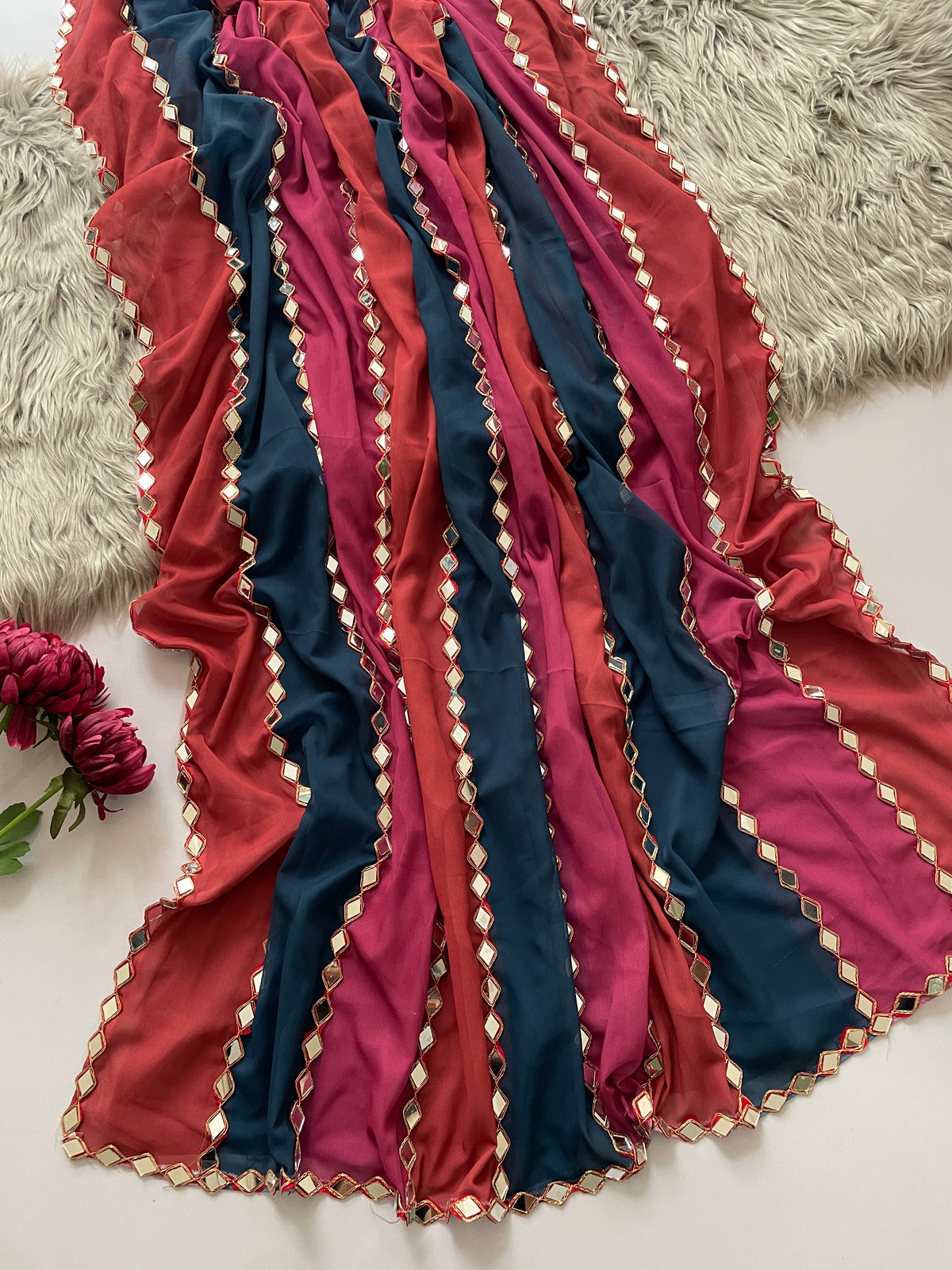 Splendorous Party Wear Multi Colour Faux Georgette Embroidery Lace With Original Mirror Work Fancy Designer Saree With Unstitched Blouse